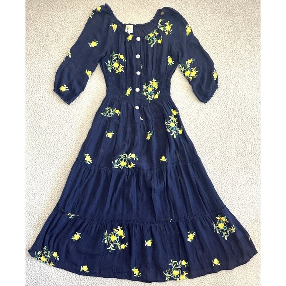 Fig & Flower Petite Green Floral Embroidered Smocked Waist Maxi Dress - Picture 1 of 16